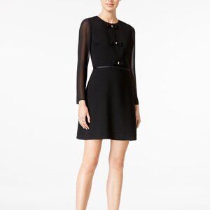 Maison Jules Black Fit & Flare Dress Women’s Small Bow Detail Mesh Long Sleeve